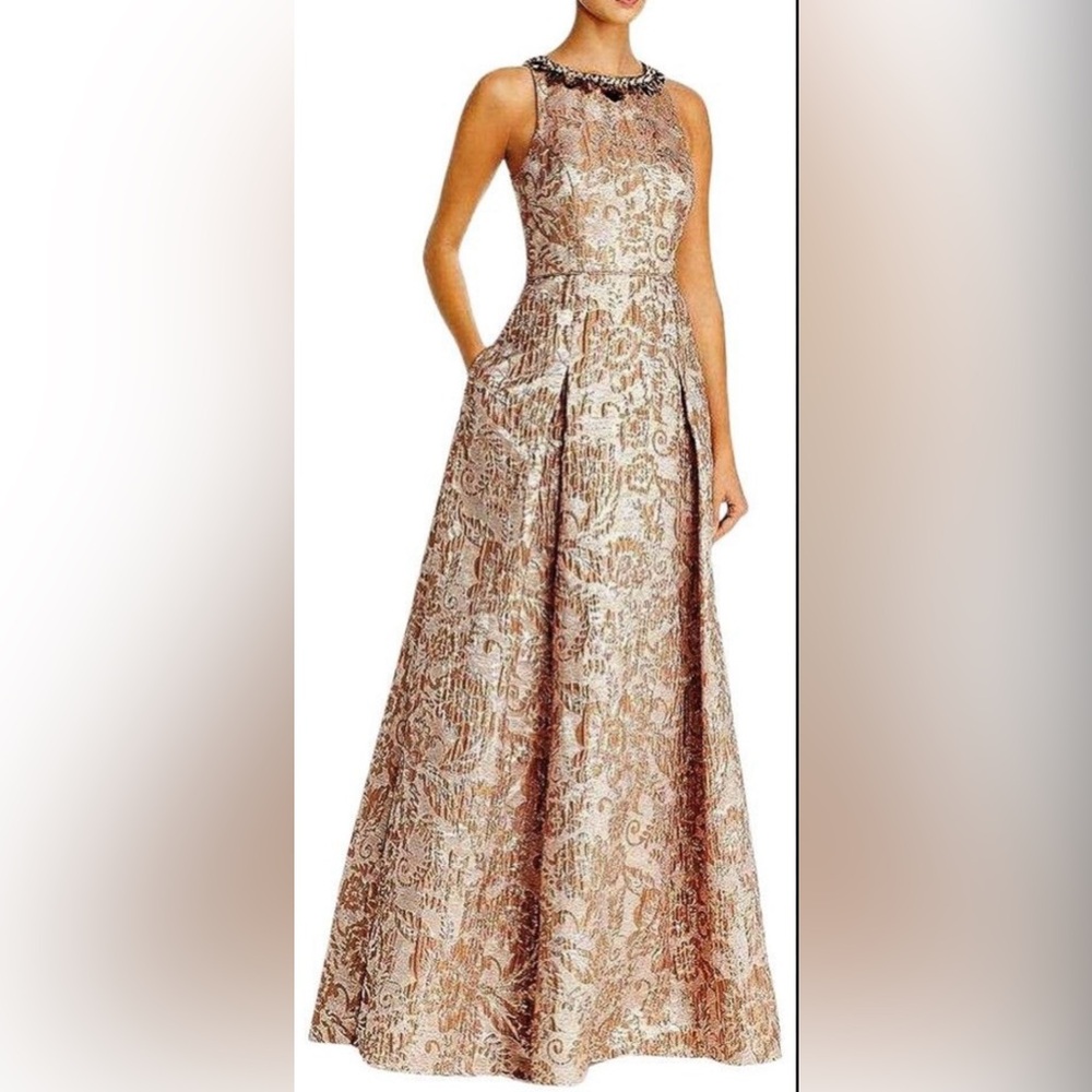 aidan mattox gold dress Aidan Mattox METALLIC SEQUIN BEADED GODET GOWN – Nearly Newlywed main image 0